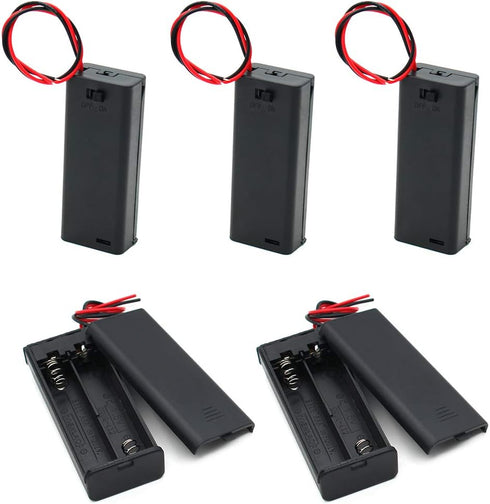 2 AAA Battery Holder Case with ON/Off Switch and Wire Leads, 2X 1.5V 3 Volt Storage Box Cables (5-Pack)