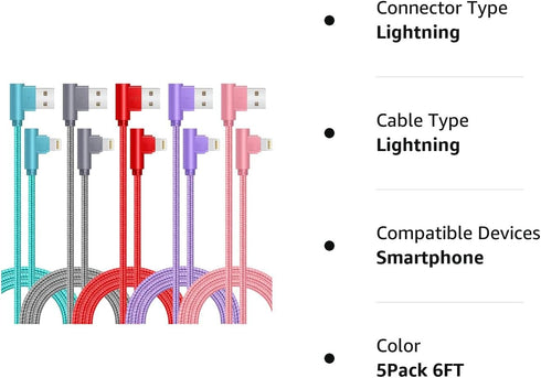 6FT Right Angle Lightning Cable 5 Pack - Fast Charging Nylon Braid for iPhone 12/11/XS/XR/8/7/iPad.