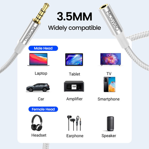 MOSWAG 3.5mm Male to Female Extension Cable with Microphone Stereo Audio Adapter Nylon Braided Compatible for Home/Car Stereos Smartphones Headphones Tablets Media Players and More