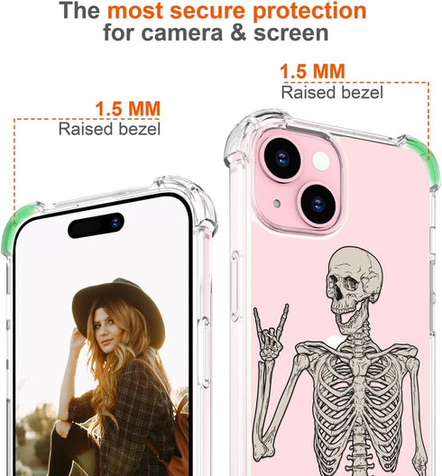 for iPhone 15 Case, Cute Skull Skeleton Clear Design, Girly Floral Transparent Case Compatible with iPhone 15