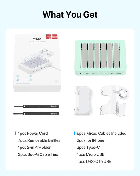 SooPii 60W/12A 6-Port Charging Station - PD 20W USB C Fast Charging for iPhone 14/13/12, 6 Short Cables Included