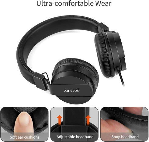 gorsun Kids Headphones - Lightweight Stereo Wired Toddler Headset with Adjustable Headband for Smartphones, Black