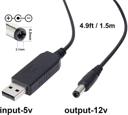 USB to 12V Adapter, 5V to 12V Step Up Power Supply Cable with DC Jack, Max Current 800mAh, 4.9ft