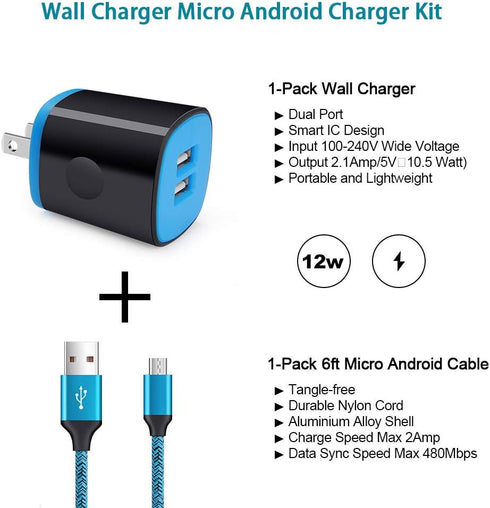 Android Charger Fast Charging Micro USB Cable, 6FT Nylon Cord with 2.1A Power Adapter for Samsung Galaxy, LG, HTC