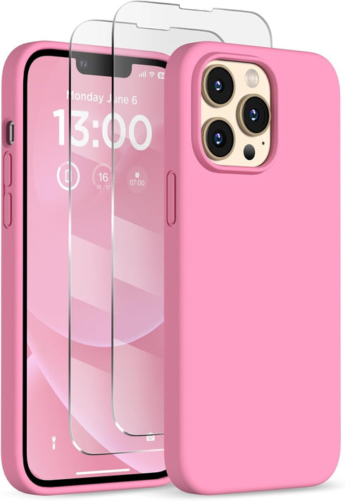 iPhone 13 Pro Max Case, Tender Pink Liquid Silicone, Slim Shockproof Design + 2X Screen Protectors, 6.7" Full Body