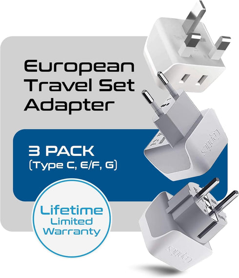 Ceptics Complete European Travel Adapter Set - 3 Pack, Safe Grounded for Cell Phones, Laptops, USA to Europe