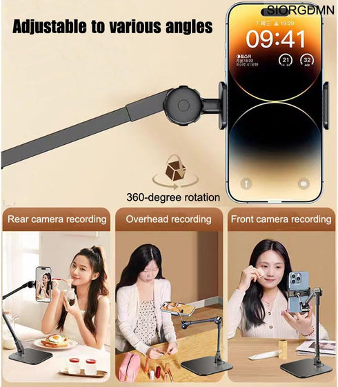 SIORGDMN Overhead phone stand for Video Recording on desk,Adjustable Smartphones holder,Articulating Arm Stand