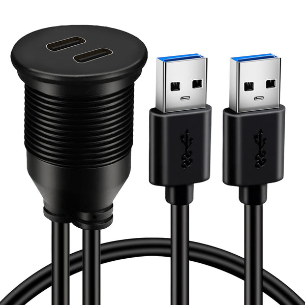 BATIGE Dual Port USB 3.0 Male to 2 Ports Type C 3.0 Female Car Flush Mount Cable for Car, Truck, Boat - 3ft