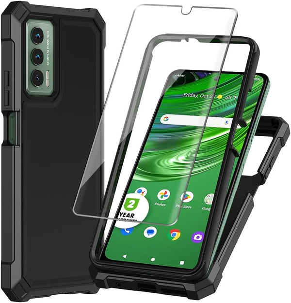 Cricket Outlast Case with Tempered Glass Screen Protector, 360 Full-Body Soft TPU Bumper Shockproof Silicone Cover