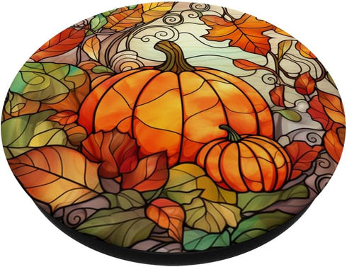 Halloween Pumpkin Fall Leaves Round Stained Glass PopSockets Standard PopGrip
