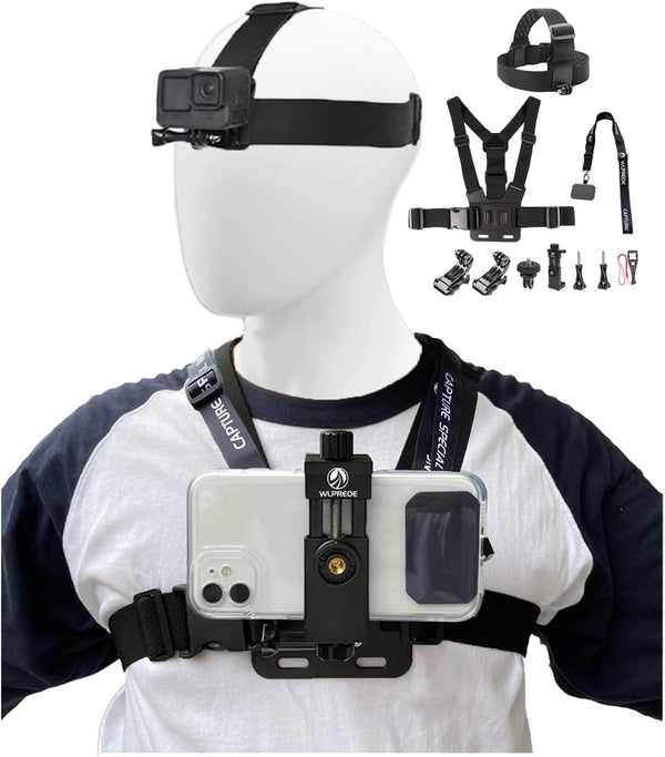 Phone Chest Mount Harness & Head Strap for All iPhones - Hands-Free POV/VLOG - Water-resistant Accessories Kit for