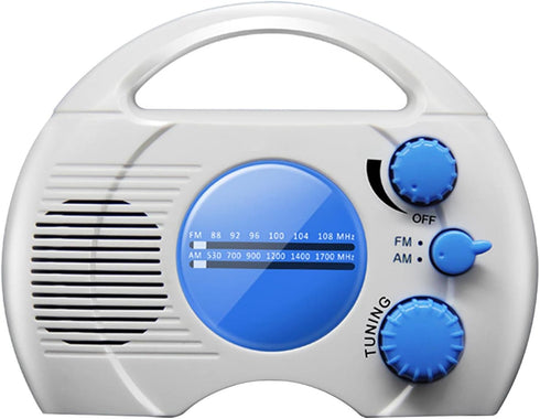 Portable AM/FM Shower Radio, Waterproof Hanging Radio with Built-in Speaker (Blue+White)