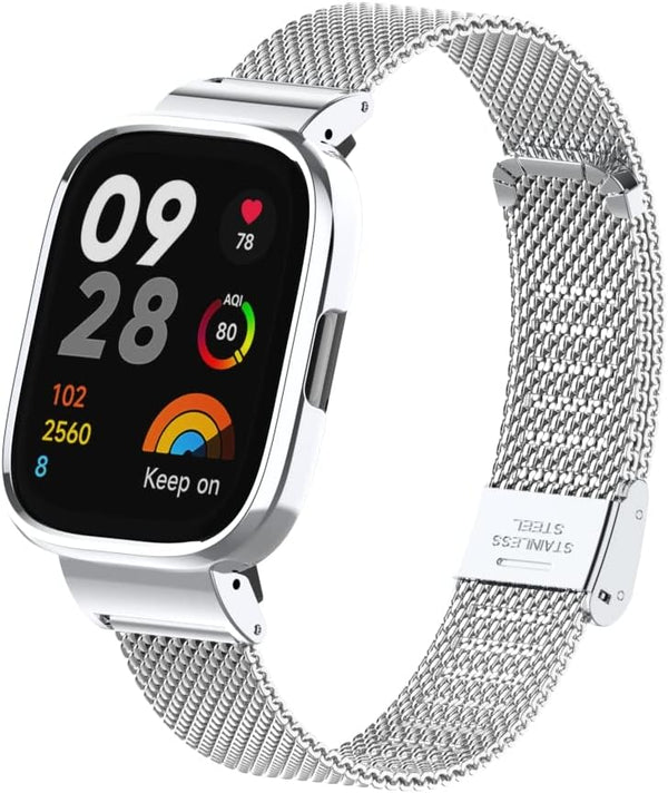 HOPMC Stainless Protective Metal Frame and Steel Mesh Buckle Replacement Band for Redmi Watch 3 Strap