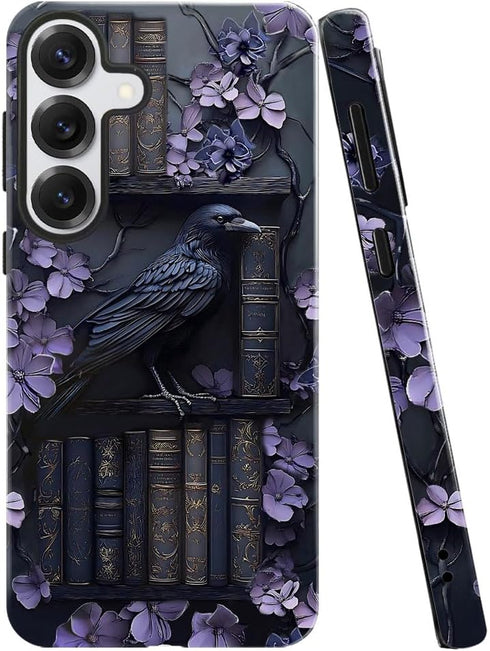 TnXee Case for Samsung Galaxy S25 Plus,Purple Floral Crow Bookshelf Phone Case Drop