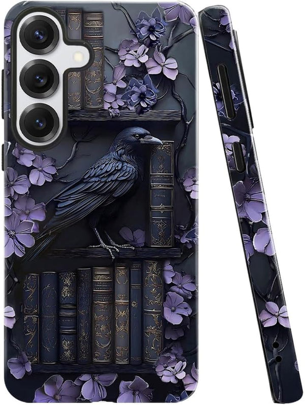 TnXee Case for Samsung Galaxy S25 Plus,Purple Floral Crow Bookshelf Phone Case Drop