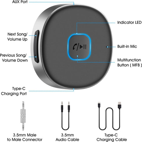 Bluetooth Aux Receiver, Portable 3.5mm Aux Car Adapter, Bluetooth 5.0 Wireless Audio Receiver for Car/Home Stereo/Wired Headphones/Speaker, 16H Battery Life