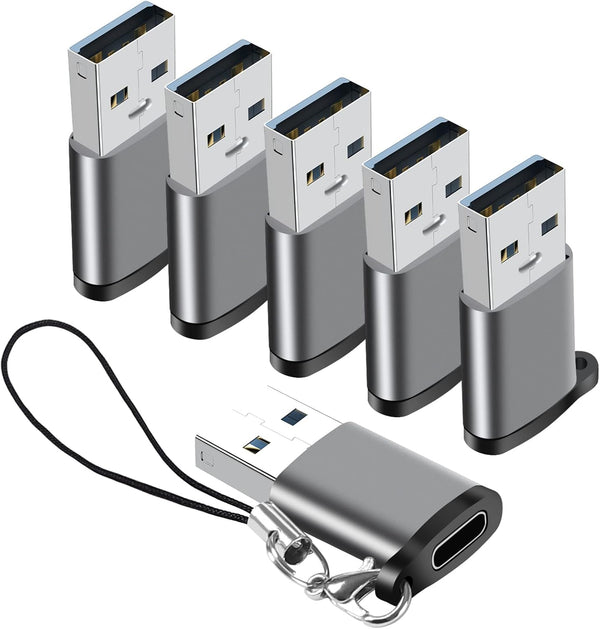 USB C to USB Adapter 6 Pack, USB to USB C Charger Cable Converter for iPhone, MacBook, Cellphone and More (Grey)