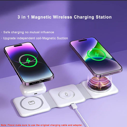 3 in 1 Magnetic Foldable Wireless Charger, Travel Charging Station for Multiple Apple Devices, Adapter Not Included