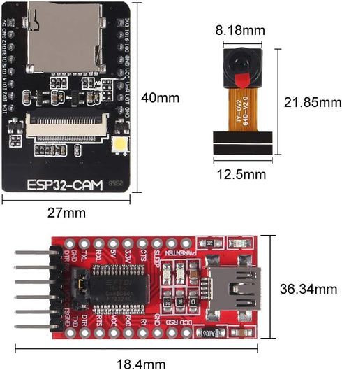 ESP32-CAM WiFi + Bluetooth Module - Development Board with Camera Module OV2640 2MP + FT232RL USB to TTL Converter