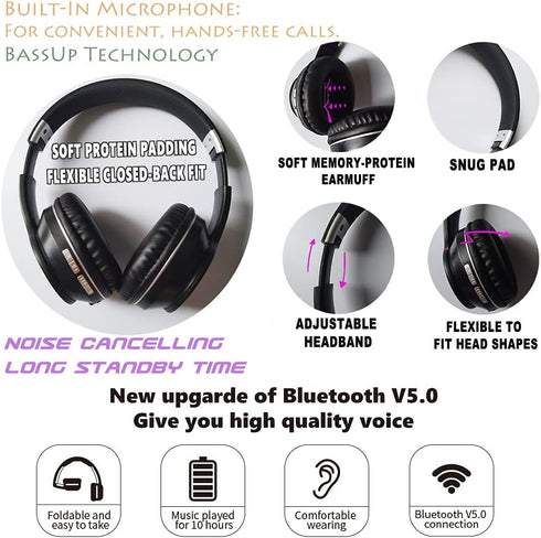 Adult Noise Cancelling Headphones, Wireless Bluetooth Foldable Over Ear Headphones with Microphone and Deep Bass for