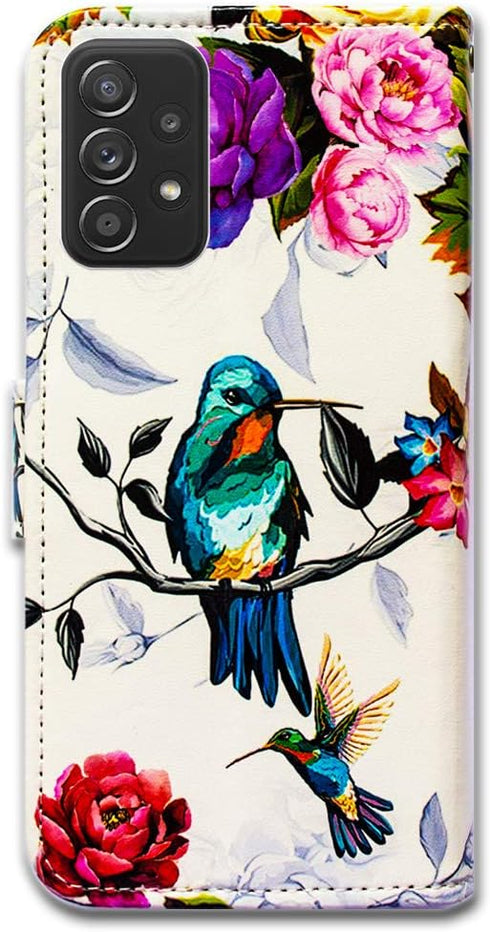 Case for Galaxy A52 5G, Hummingbird in Flowers Leather Flip Phone Case Wallet Cover with Card Slot Holder, Kickstand