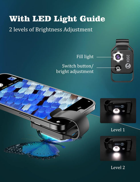 MIAO LAB 200X Phone Microscope with CPL Lens/LED Light, Nano Zoom Pocket Microscope Camera Attachment with Universal