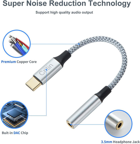 USB C to 3.5mm Jack Adapter for Samsung Galaxy S23, S22, Note10, A80, Huawei P60, Xiaomi - Aux Headphone Dongle Cable.