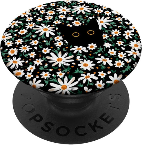 Cute Black Cat Hiding in Daisy Flower, Floral Cat PopSockets Standard PopGrip