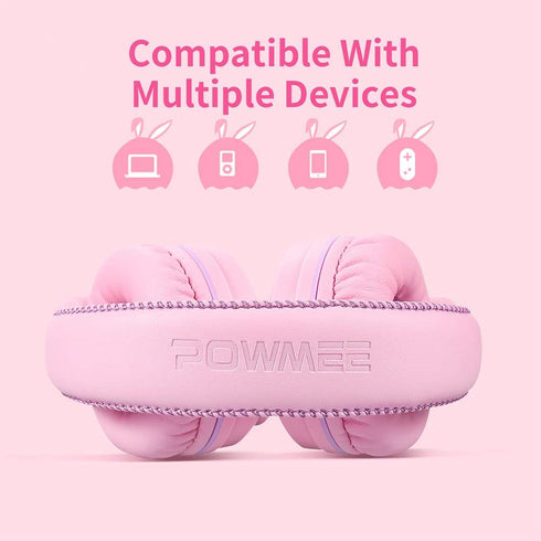 POWMEE M1 Kids Headphones, Foldable Adjustable Stereo Tangle-Free, 3.5MM Jack for Children, Pink