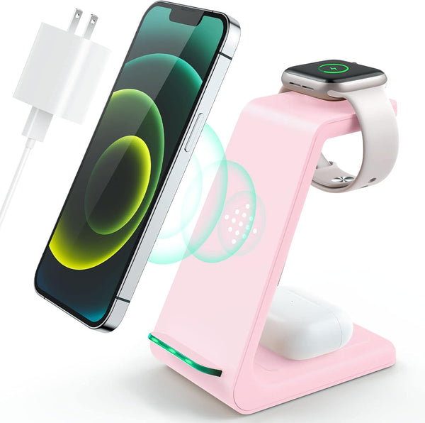 Wireless Charging Station - 3 in 1 Fast Desk Charger for iPhone 15/14/13/12/11 Pro Max/X/Xs Max, AirPods, iWatch (pink)