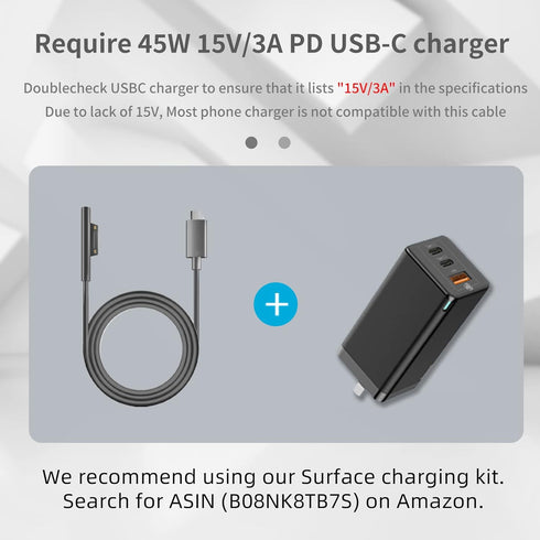10ft USB-C Charging Cable for Microsoft Surface Pro 7, Go 2, Pro 6, 5/4/3, Laptop 1/2/3 & Book, Black, 45W Compatible.