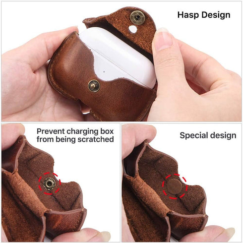 Hiram Leather Case Replacement for Airpods Pro 2019 - Crazy Horse Cowhide Leather Portable Travel Case (Brown)