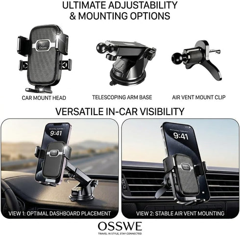 Osswe [2026 3-in-1 100lbs 360 Upgraded Car Phone Mount - Suction Force & Metal Spiral Hook Vent Clip - Military Grade