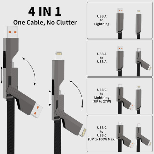 USB C Cable, 4-in-1 USB-C Lightning Cable (4ft), 100W Fast Charging Flat Braided Cord for iPhone, iPad, MacBook