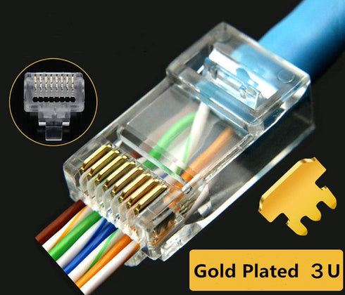 PETECHTOOL RJ45 CAT5 CAT5e Pass Through Connectors 50 Pack - Gold Plated Modular Plug for Ethernet Cables