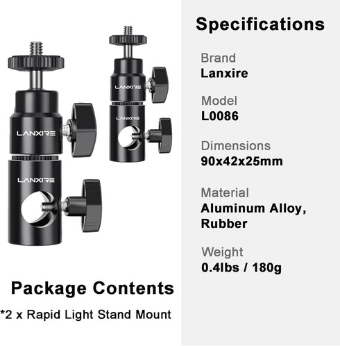 Light Stand Mount Adapter with Mini Ball Head 1/4" Screw - Fits C Stand, Boom Arm, Camera Monitor, Max Load 4.4lb