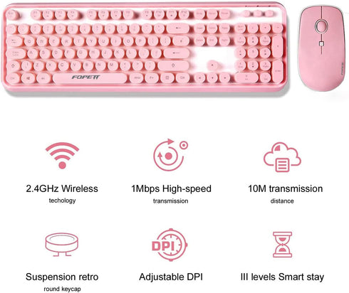 FOPETT Wireless Keyboard and Mouse Sets, Reliable 2.4 GHz Connectivity for PC, Laptop, Smart TV, Pink