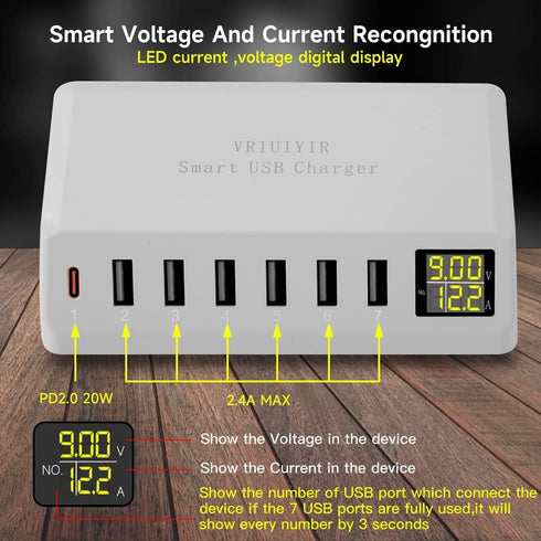 USB Charging Station, 60W/12A 7-Port USB Charger with LED Display for Multiple Devices, PD20W USB C Charger (White)