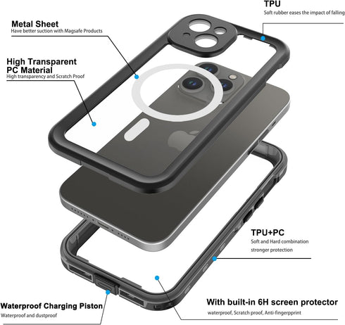 ShellBox Waterproof Case for iPhone 15 Pro Max, Built-in Screen Protector, Shockproof Heavy Duty Cover, 6.7 inch (Black)