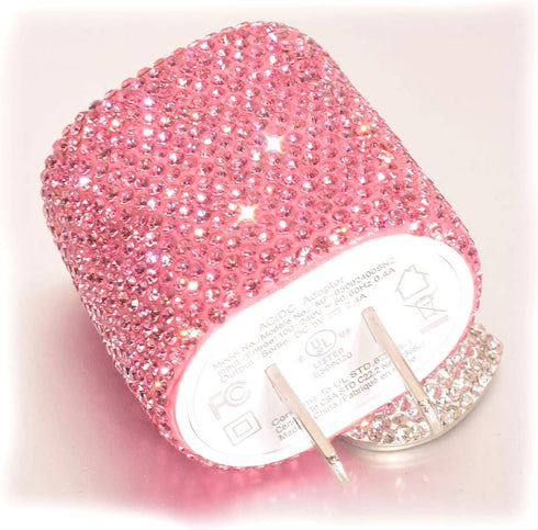 USB Wall Charger Bling 5V/2.4A 24W Dual Port Fast Charger Plug Cell Phone Block Adapter Pink for iPhone Android Samsung