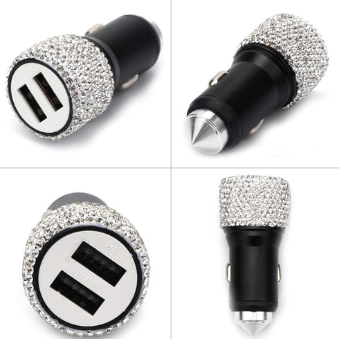 Dual USB Car Charger Bling Bling Handmade Rhinestones, Fast Charging Car Decor for iPhone, iPad Pro/Air, Samsung Galaxy