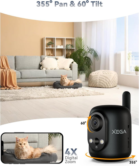 Xega 4G 2K 355P/60T, 6000mAh LTE Cellular Security Camera Indoor Wireless, No WiFi Camera for Baby/Pet/Elderly