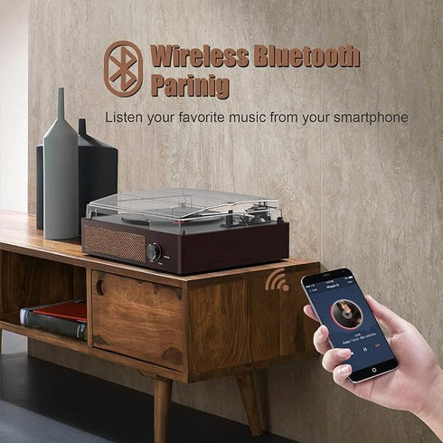 Vinyl Record Player Turntable with Built-in Bluetooth Receiver, 2 Stereo Speakers, 3 Speed Portable Retro Record Player