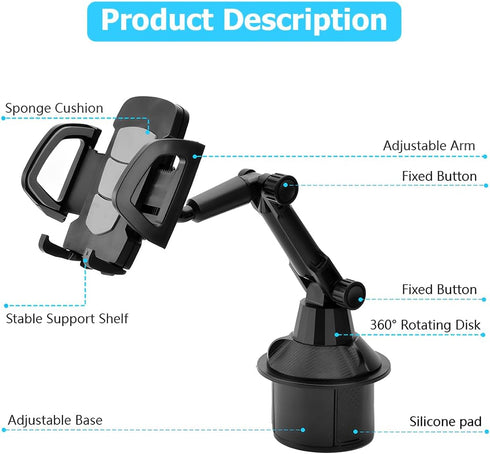Car Cup Holder Phone Mount, 360° Rotatable Adjustable Gooseneck Cell Phone Cradle Mount for All Vehicles and Smartphones