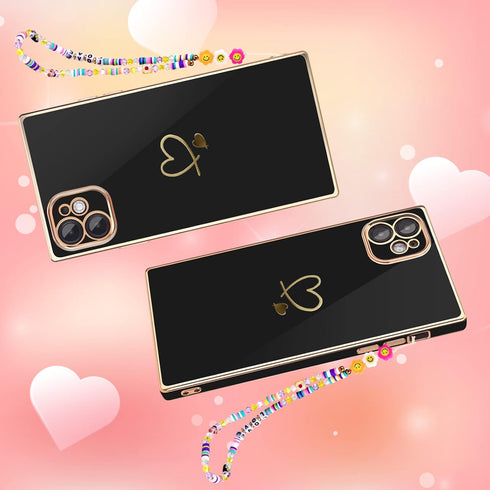 Luxury Square Case for iPhone 11, Cute Gold Love Heart Pattern Cover for Women & Girls - Black