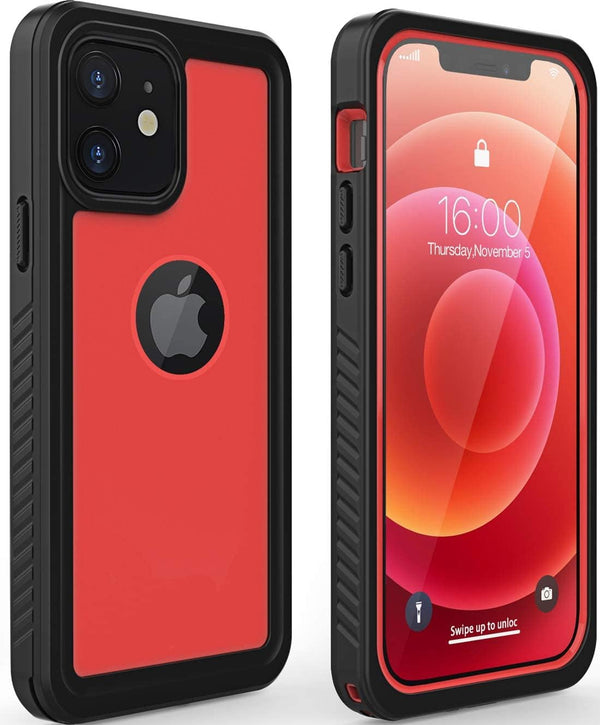 Waterproof Case for iPhone 12, Shockproof Dustproof IP68 Full-Body Hard Case with Built-in Screen Protector, Red