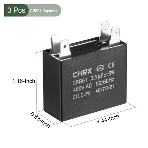 YOKIVE 3 Pcs CBB61 Run Capacitor, 450V AC 2.5uF 50/60Hz Double Insert Run Round Capacitor, Low Loss, Great for Washing Machines Motor (Black)