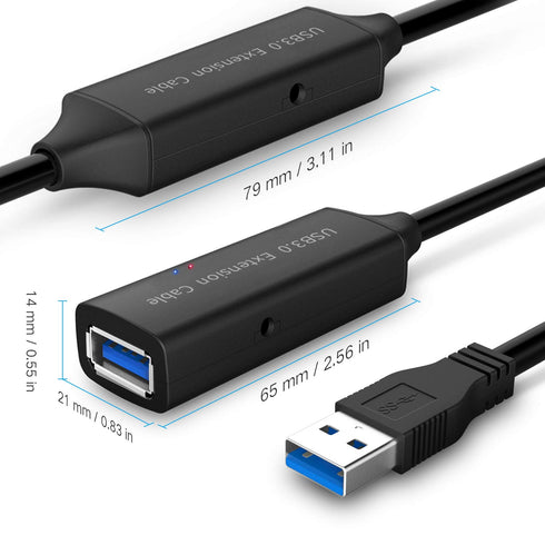 RSHTECH USB 3.0 Active Extension Cable 32 Feet with 5V 2A Power Adapter, Male to Female Cord with Signal Booster