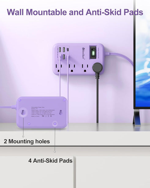 Beeiker 6 USB(2 10 24W 4 USB C) Purple Surge Protector Power Strip- Ft Purple Extension Cord with USB Charging Station
