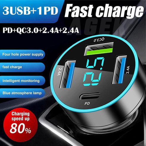 4 Port USB Car Charger Adapter, Car Charger USB C with Voltage Display PD 3.0 & QC 3.0 Fast Charging for iPhone,